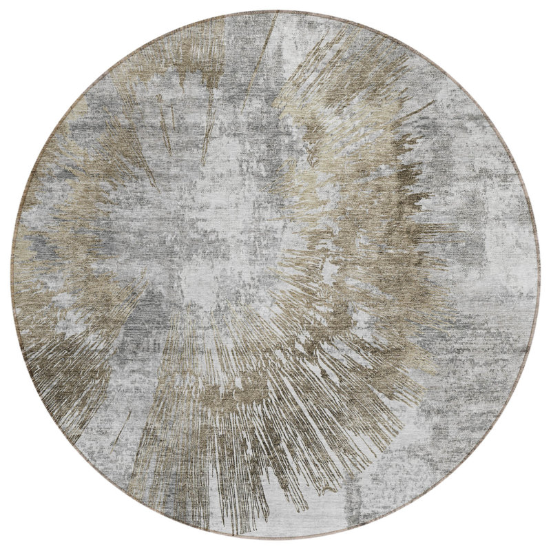 Tapis extérieur rond lavable abstrait beige et brun 8 pi