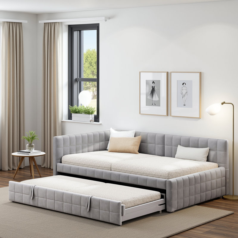 Lit de jour contemporain en L rembourré avec couchette et chargement USB, Gris