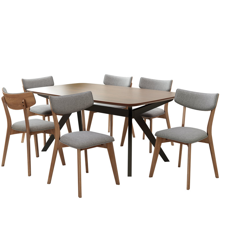 Evonne Upholstered Dining Set With Rubberwood Frame, 7, Dark Gray