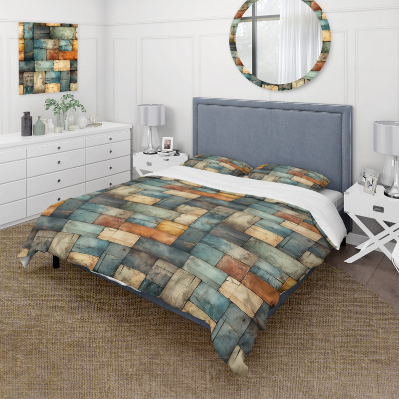 Rustic Modern Cubic Farmhouse Planks Patchwork Duvet Cover, King Duvet Cover + 2 King Shams