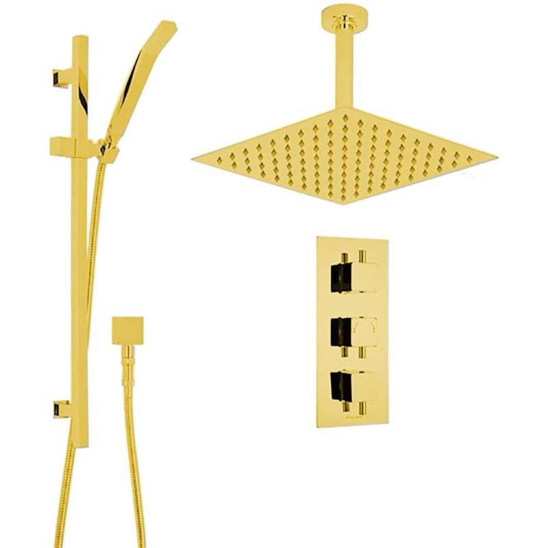 FontanaShowers Gold Rain Shower System with Ceiling Mount Showerhead, Handheld, and Triple Concealed Valve
