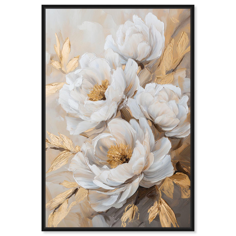 Art Remedy, art floral élégant sur toile, Blooming in the Golden Mist, H 31 po x l 21 po, Cadre flottant noir