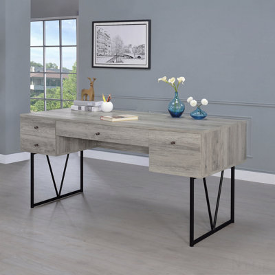 Driftwood 4-Drawer Writing Desk, Industrial V-Shape Black Metal Leg MDF Office Work Table