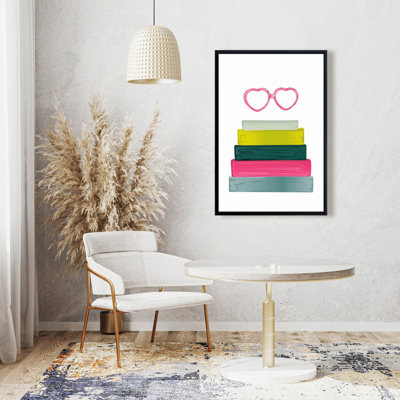 Yellow Framed Canvas  Heart Glasses with Books  Home Decor