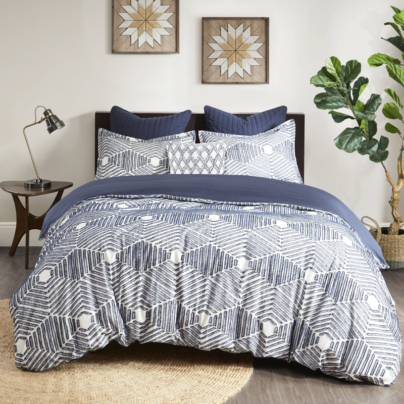 Housse de couette en coton pour grand lit, géométrique, bleu marine et blanc, housse en tissu à séchage rapide, double / grand, 2 taies décoratives assorties