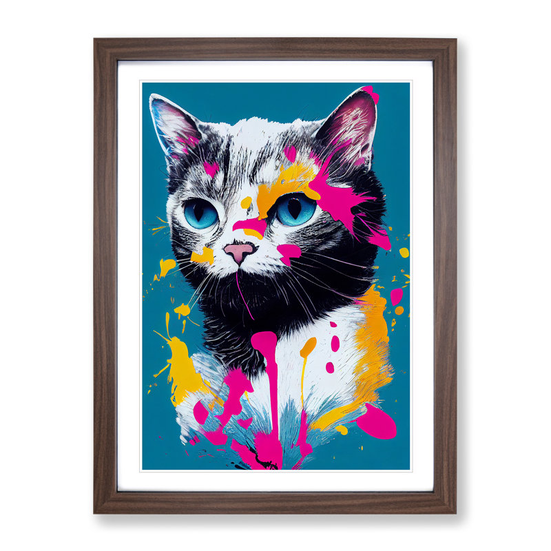 Paint Splat Cat No.3 - Framed Print, 34cm H x 25cm W x 2cm D, Walnut