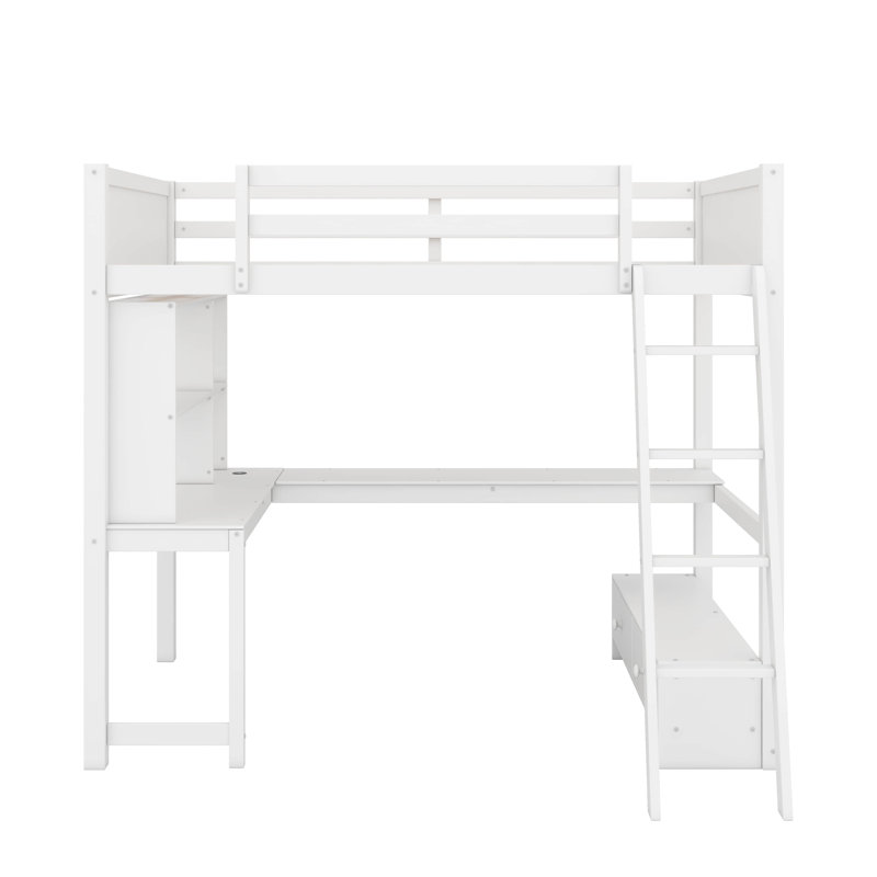 Lit mezzanine double avec bureau en L multi-rangement, lumière DEL et station de charge USB, banc de rangement avec tiroirs