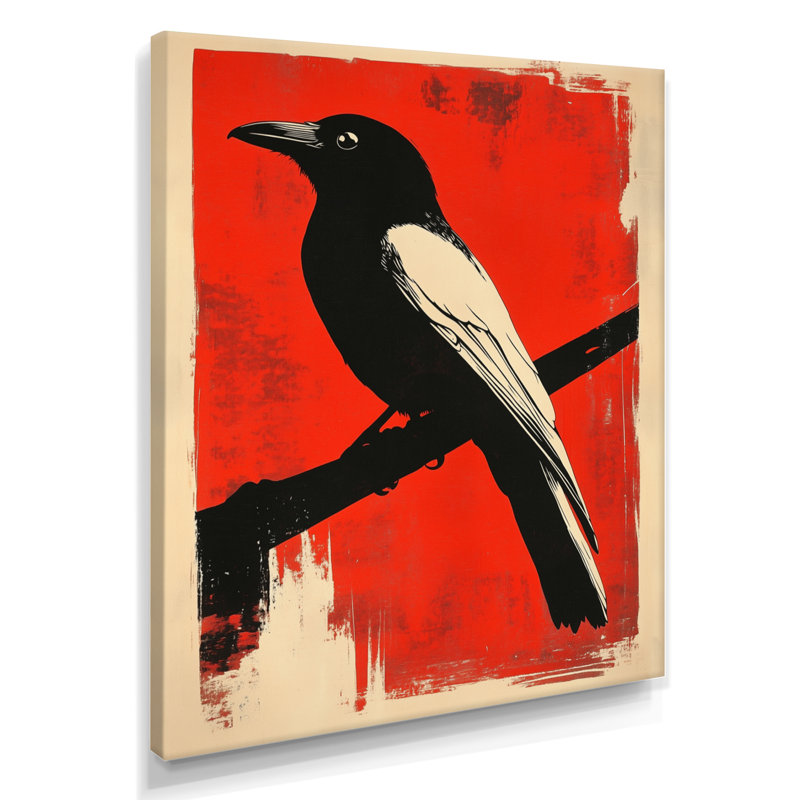 Corbeau rouge dans une ombre sculptée - art mural sur toile linogravure, 20" H x 12" W, Wrapped Canvas
