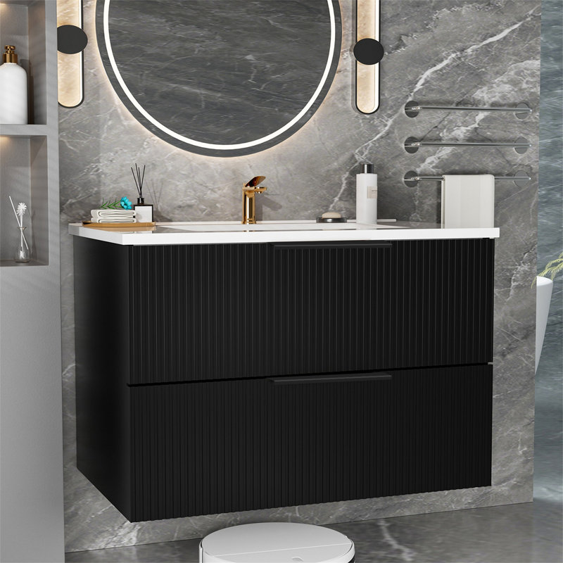 Meuble-lavabo flottant cannelé noir 36 po, Noir, 36"