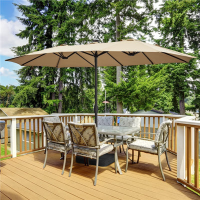 Harworth 13ft Rectangular Lighted Market Umbrella,Double-Sided Outdoor Rectangle Umbrellas with 36 Lights,Tan