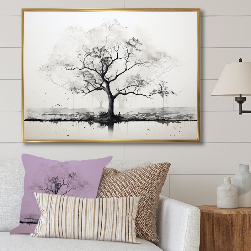 Baobab gris I, impression sur toile, Cadre flottant doré, H 30 po x l 40 po x P 1,5 po