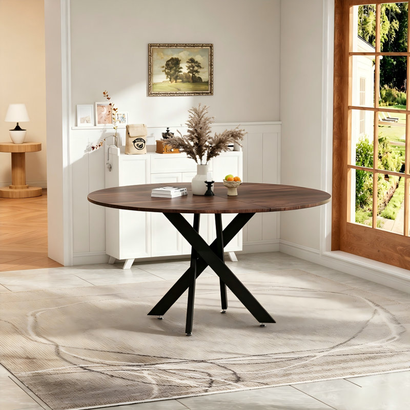 Table de salle à manger ronde 35,4 po / 47 po, plateau en panneau de fibres à densité moyenne avec base en métal industrielle, table de cuisine peu encombrante pouvant accueillir 4 à 6 personnes pour un coin-repas