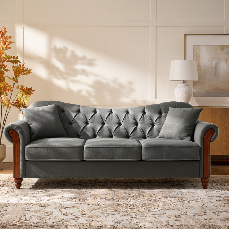 Mario Traditional 83"Wide Tufted Sofa with Solid Wood Legs, Gray