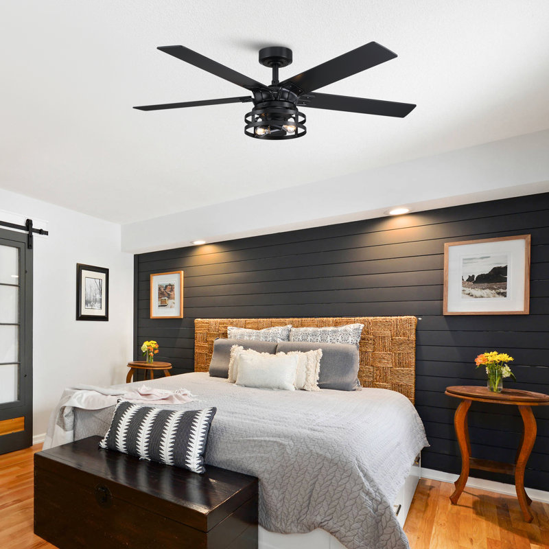 Rish 52'' Ceiling Fan with Light Kit, Black with Black/Walnut Blades