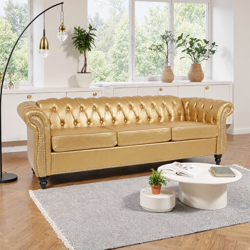 Canapé Chesterfield à accoudoirs roulés 3 places en similicuir imperméable Una, Gold