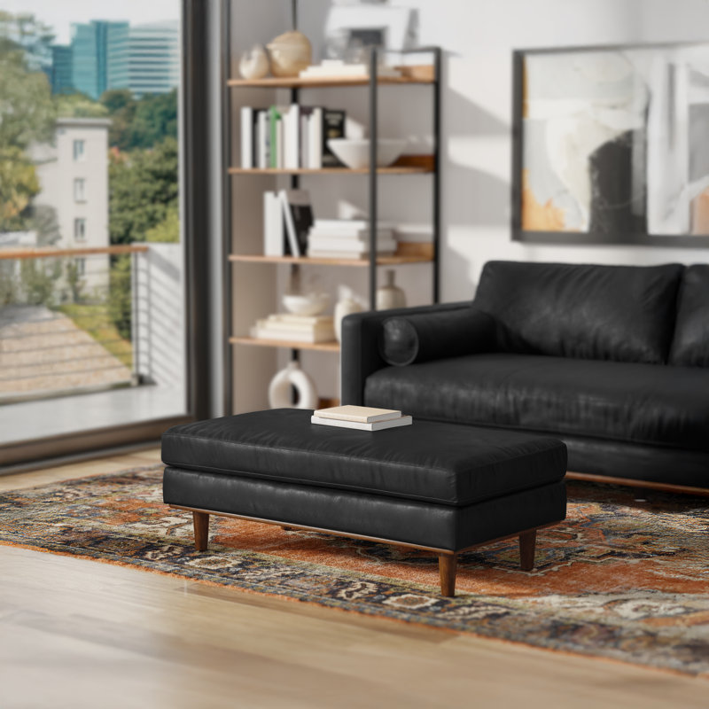 Morrison 49"W Large Upholstered Ottoman with Solid Wood Legs, Black