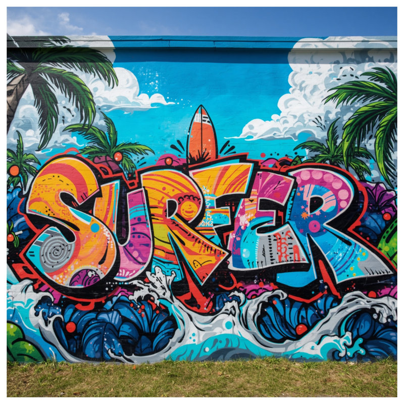 Colorful Surfer Graffiti Mural Comforter, Queen