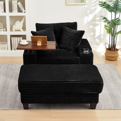 Corduroy Chaise Lounge Sofa with Ottoman, Single Sofa Chair Bed with Storage Amrest, Cup Holder, Bluetooth Speaker, USB Ports, 180°Rotating Table Boar by Ivy Bronx