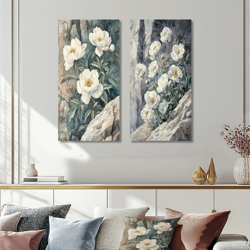 Pivoines monochromes au bord de la falaise I - collection d'art mural floral 2 pièces, H 40 po x l 41 po, Toile tendue