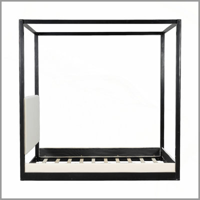 Lit plateforme à baldaquin en bois grand avec tête de lit tapissier, structure noire et tissu blanc