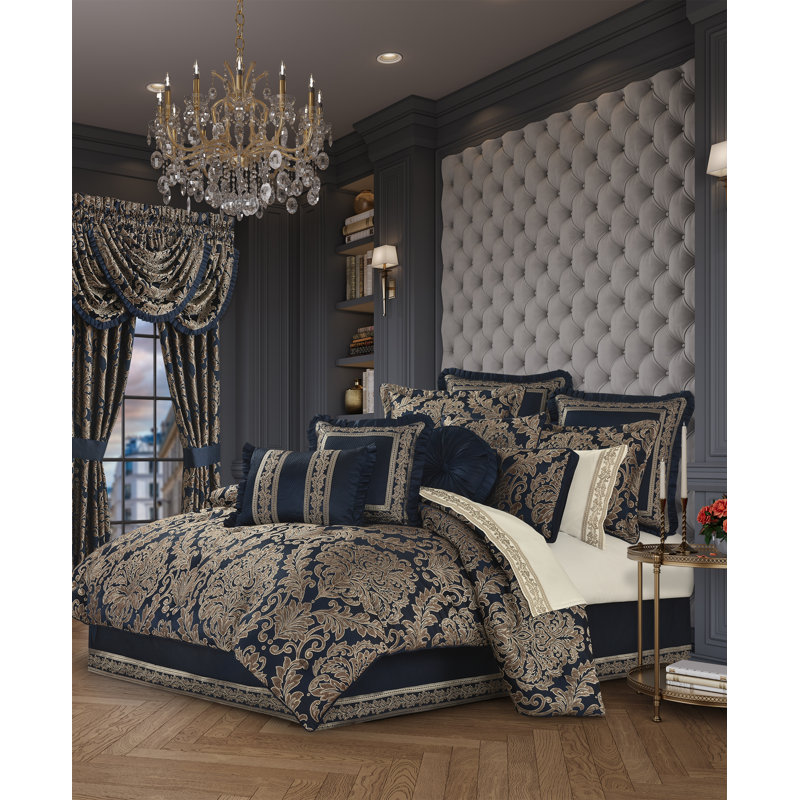 Navy Blue Satin Queen Comforter Set with Frills