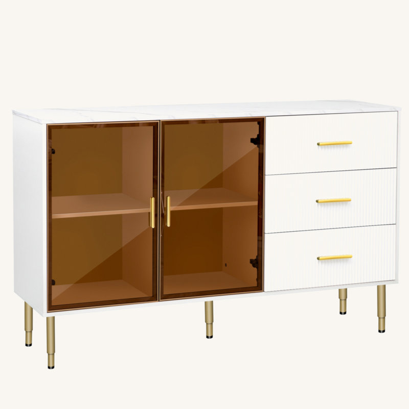 Modern Sideboard Buffet Cabinet with Marble Top & Amber Glass Doors – Storage Cabinet with Gold Legs & Handles, White/Brown