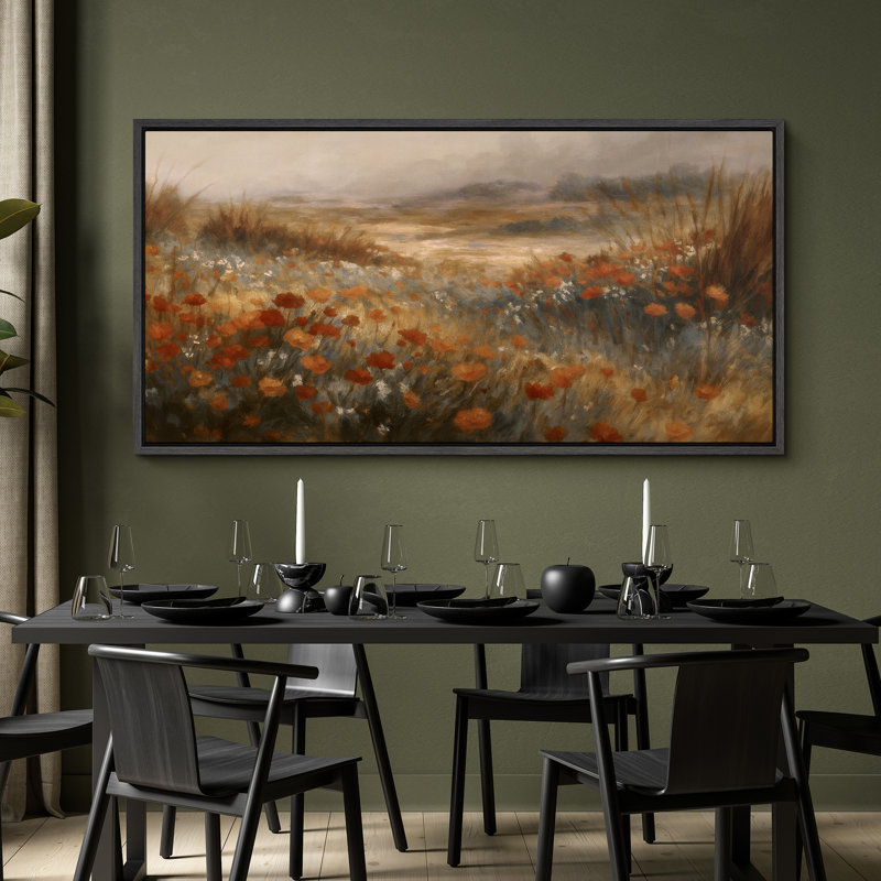 «Wildflower Field», impression sur toile encadrée - paysage rétro pour décoration murale rustique, Noir, H 30 po x l 60 po