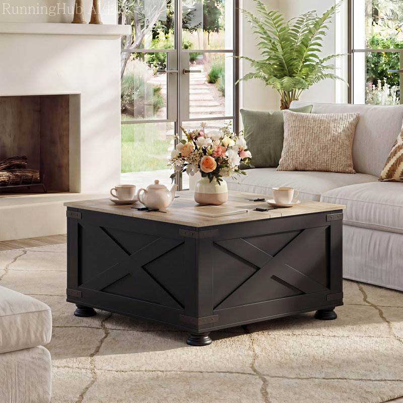 Farmhouse Coffee Table, 31.5" Square Coffee Table With Flip-Top Lids And Large Hidden Storage Compartment For Living Room