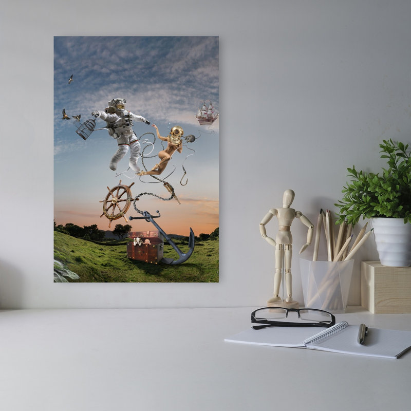 Astronaut Diver Fantasy Surreal Whimsical Abstract Bird Dog Landscape Ocean Wall Art Print 1 Piece Wrapped Canvas Wall Art