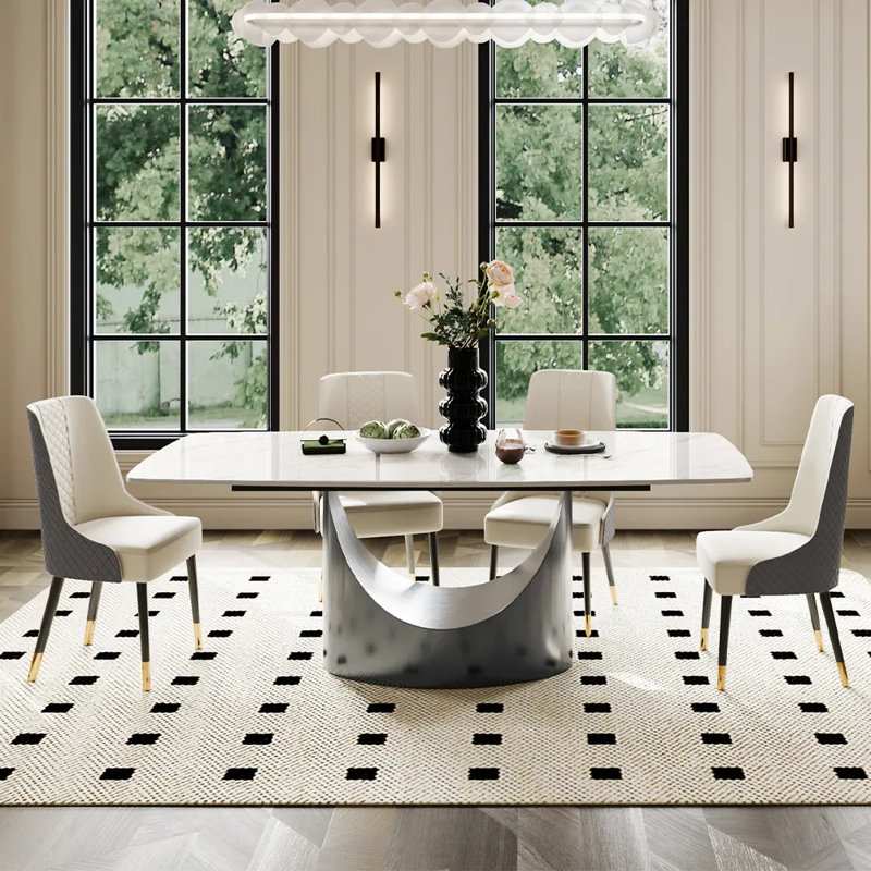Modern Minimalist Rectangular Sintered Stone Dining Table with Pedestal Base, Glossy White, 30"H x 70"L x 35"W, Gray
