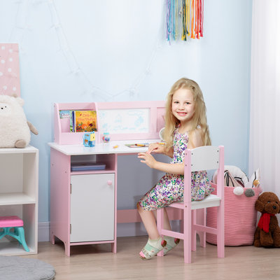 Ensemble de bureau et de chaise pour tout-petits Qaba, bureau d'étude pour enfants avec tableau blanc, armoire de rangement, meubles pour enfants, cadeaux artistiques pour enfants