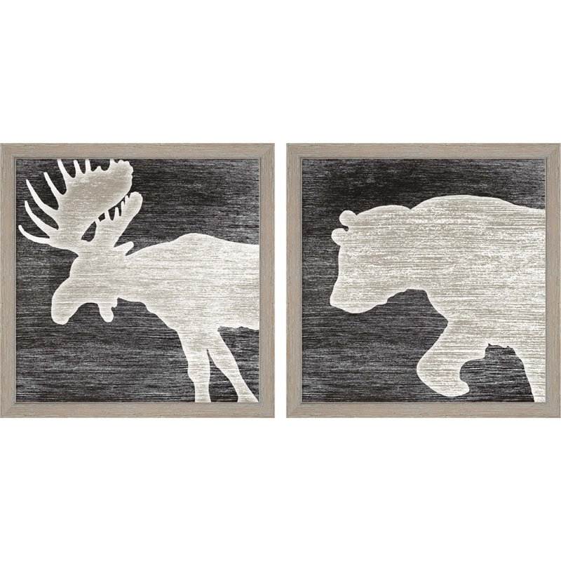 Distressed Aged White Wash Moose & Bear Canvas Art Set