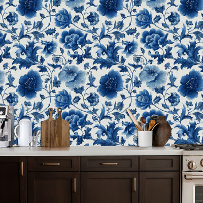 Peel and Stick Wallpaper Blue Floral Detailed Leaves White Contact Paper Removable Self Adhesive Wall Mural Wall Decor for Bedroom Kitchen Cabinets 17.7in x 118in