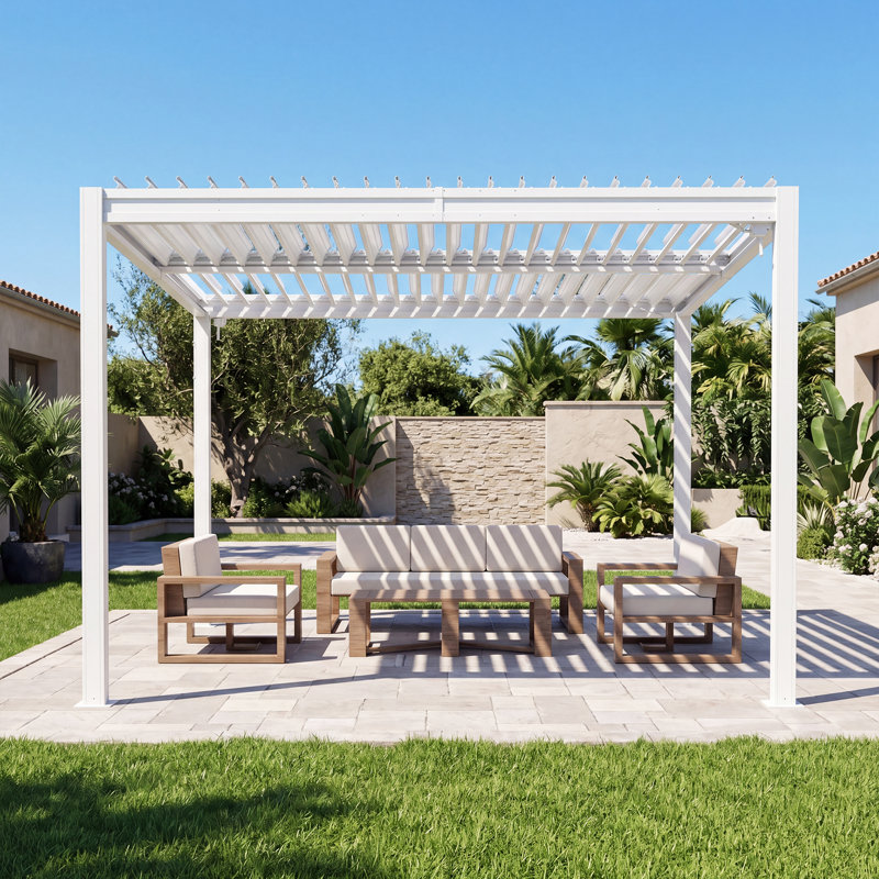 Domi Patio Outdoor Aluminum Louvered Pergola, White, 12" W x 10' D