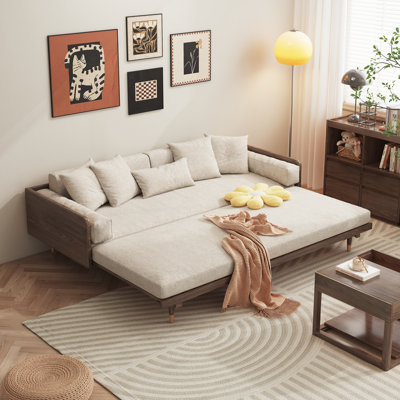 Grimpante 82.7'' Beige Cotton Linen Sofa Bed,Upholstered Sleeper with Solid Wood Legs