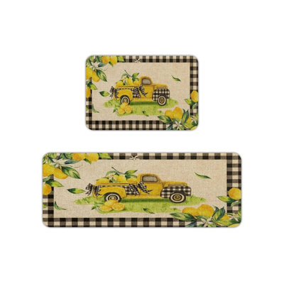 Lemon Truck Print Kitchen Mats for Kitchen & Summer Decor, Yellow Green 2-Piece Set