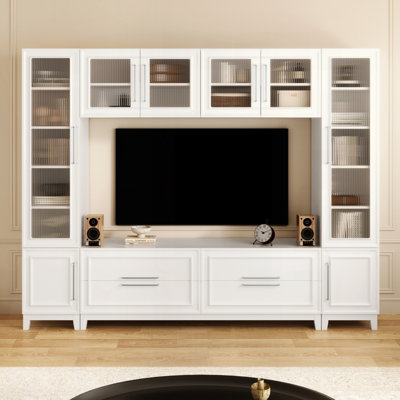 Wall Unit Modern Entertainment Center With Glass Doors For Tvs Up To 75", Large Minimalist TV Stand Media Console With Drawers For Living Room