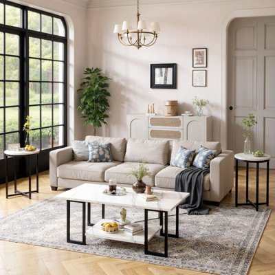 Coffee Table Set Of 3, 2-Tier Rectangule Coffee Table With 2 Round End Side Tables, 3 Pieces Modern Living Room Table Set With Metal Frame For Apartme by Wrought Studio