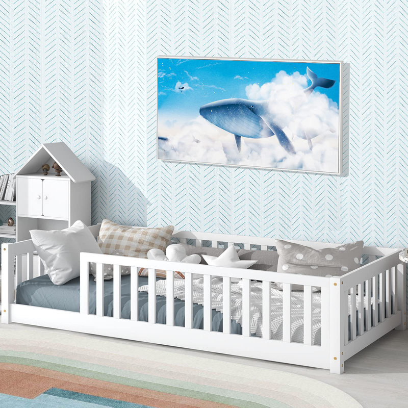 Lit plateforme simple avec clôture Giezi Kids, Blanc, Twin