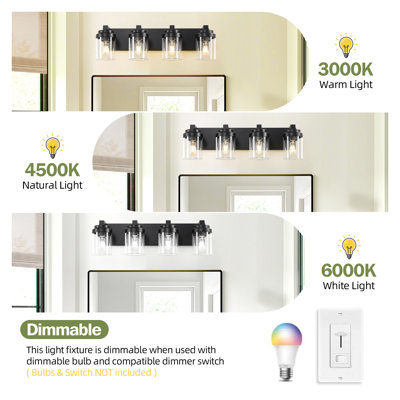 Éclairage pour meuble-lavabo de salle de bain 4 lumières noir mat avec abat-jour en verre transparent