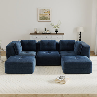 Canapé modulaire moderne pour le salon, tissu en velours côtelé, canapé 3 places avec assise profonde et repose-pieds mobile 2, passepoil perlé, conception capitonnée, sans assemblage, conception antidérapante, bleu