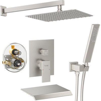 Système de douche mâle NPT en nickel brossé, pomme de douche à pluie de 12 pouces avec douchette à main, ensemble de robinet de douche mural pour salle de bain (ensemble de soupape de douche à pression équilibrée inclus)