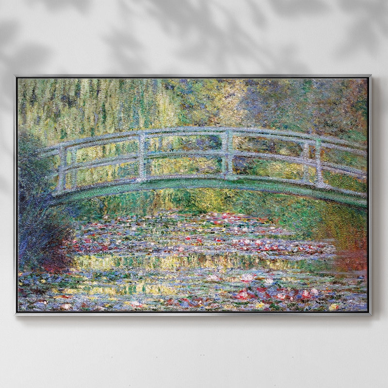 Le pont japonais (l'eau encadrée sur toile), Argent, H 25 po x l 37 po x P 2 po