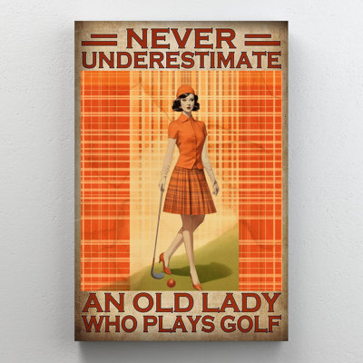 Une vieille dame qui joue au golf sur toile, impression
