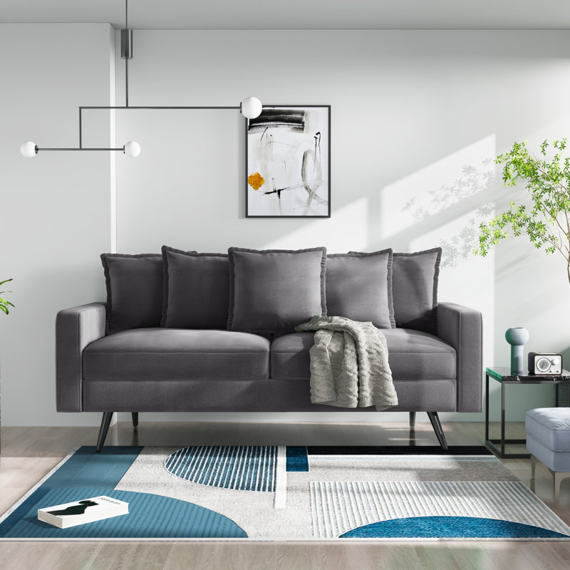 70" Velvet Square Arm Sofa, Gray Velvet, Black