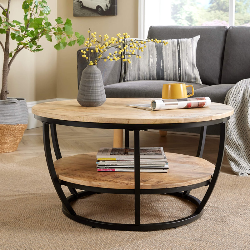 Afsar Solid Wood Round Coffee Table with Storage Shelf