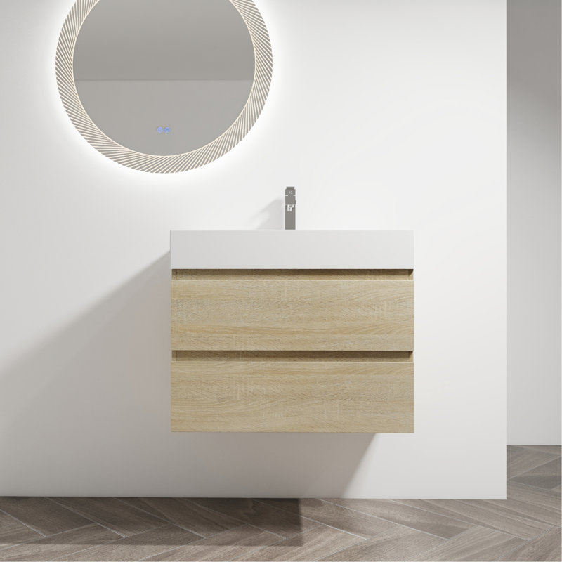 Meuble-lavabo mural moderne 30 po avec lavabo en résine et 2 tiroirs à fermeture en douceur, chêne 30 po, lavabo, moderne, enchanteur