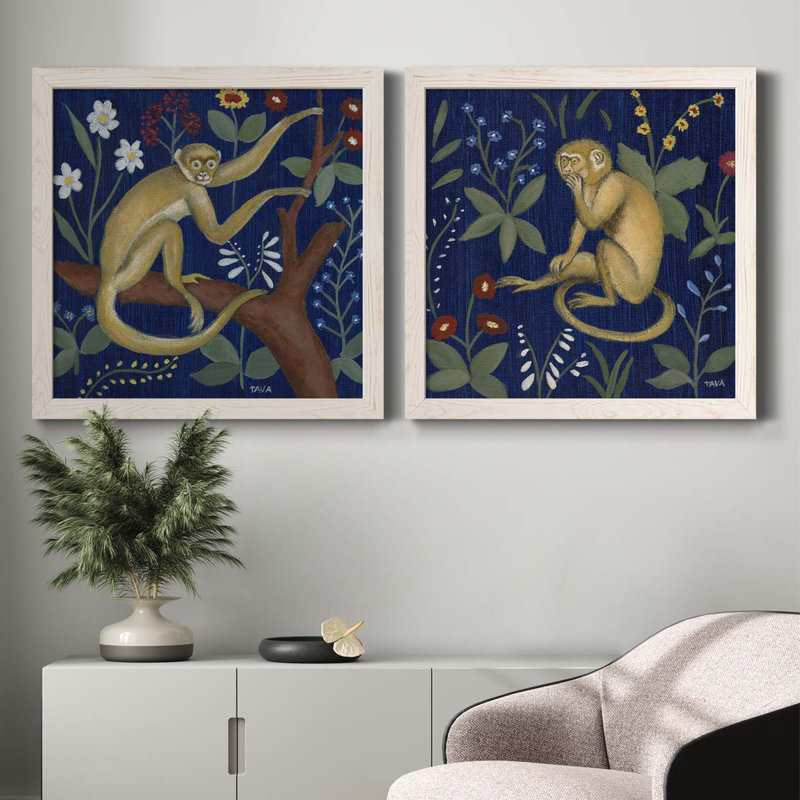 «Venezia Monkey Garden II», ensemble de 2 peintures sur toile encadrées, H 35,5 po x l 71 po x P 1,5 po, Cadre blanc