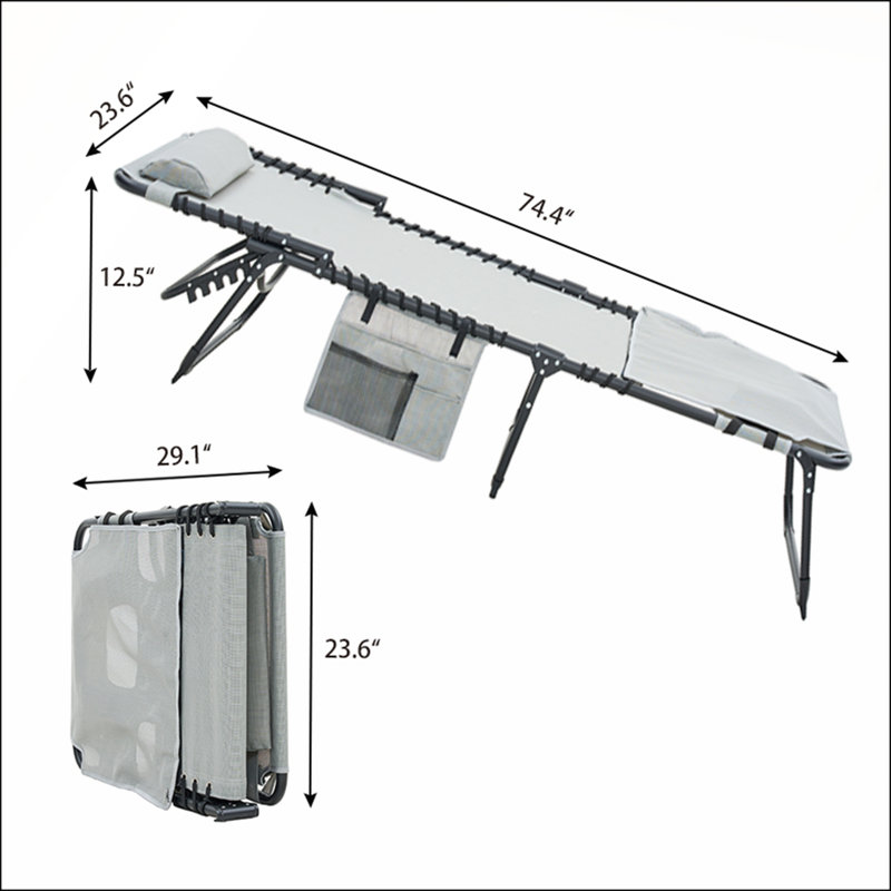 Chaise longue pliante 2 pièces avec auvent, dossier réglable et siège en filet respirant pour la plage et le patio, 2