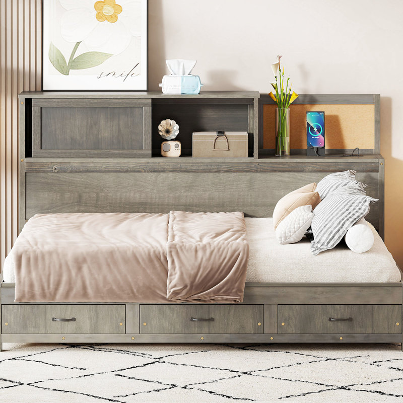 Lit de jour en bois gris avec 3 unités de rangement cachées, une planche souple et des options de chargement pour un compartiment de rangement bien rangé, une chambre de détente avec points forts